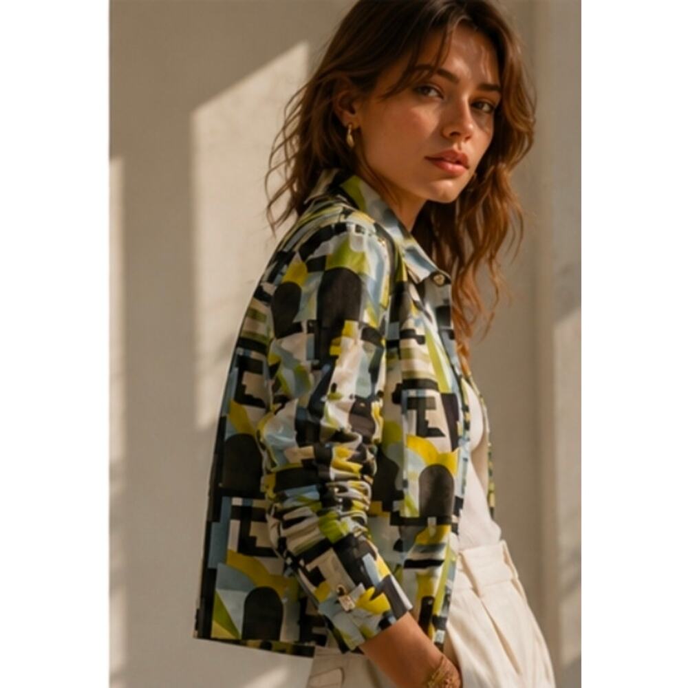 Mod Art Jacket Chartreuse Geometric Blazer Womens 14 Linda Allard Ellen Tracy - Picture 5 of 14